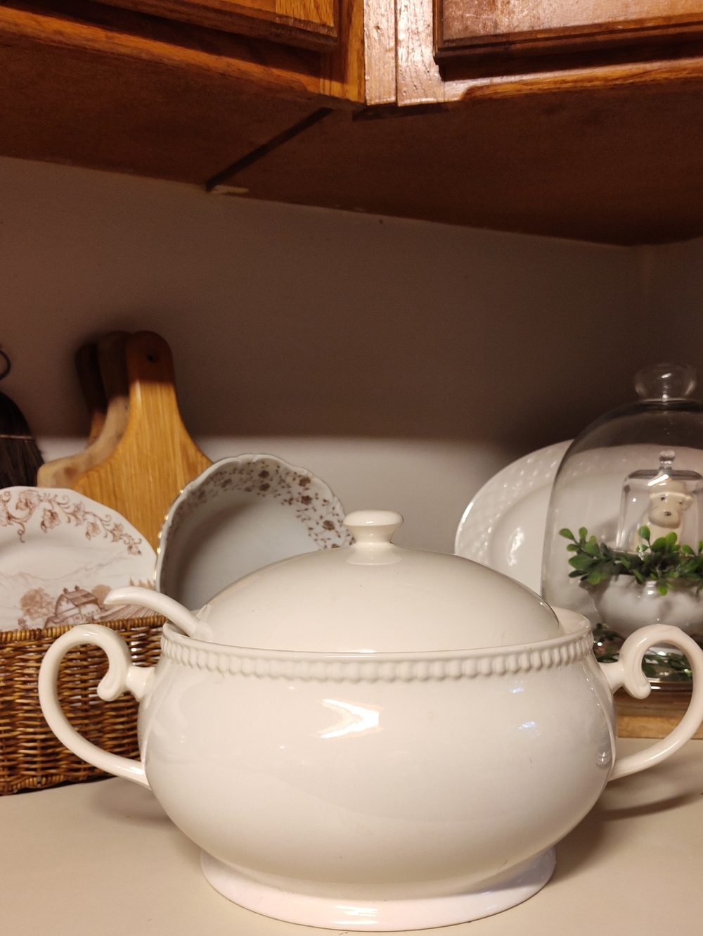 Crate&Barrel Cream Ceramic Covered Soup Tureen with Beaded Rim